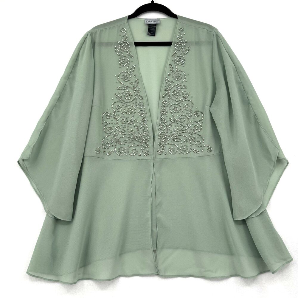 Catherines Beaded Sheer Jacket Cardigan Sage Green 16W Plus Size Kimono Layering